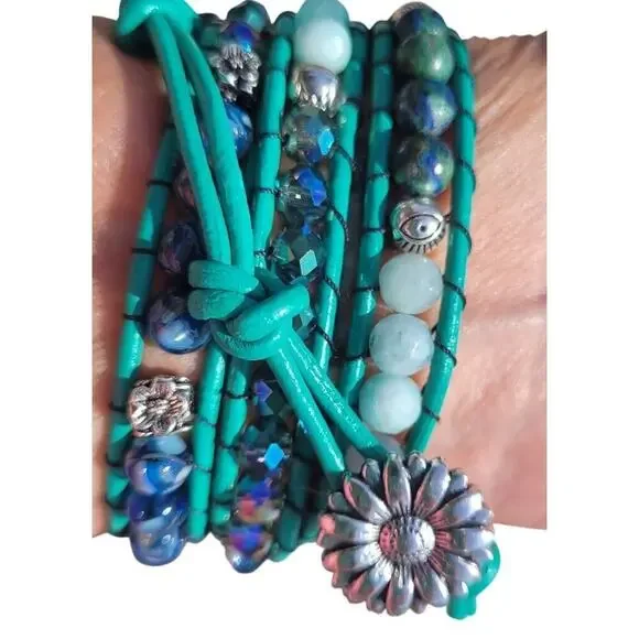 Four Wrap Bead Bracelet Green/Blue Alloy Leather, Glass/ Stone Beads - Picture 4 of 4